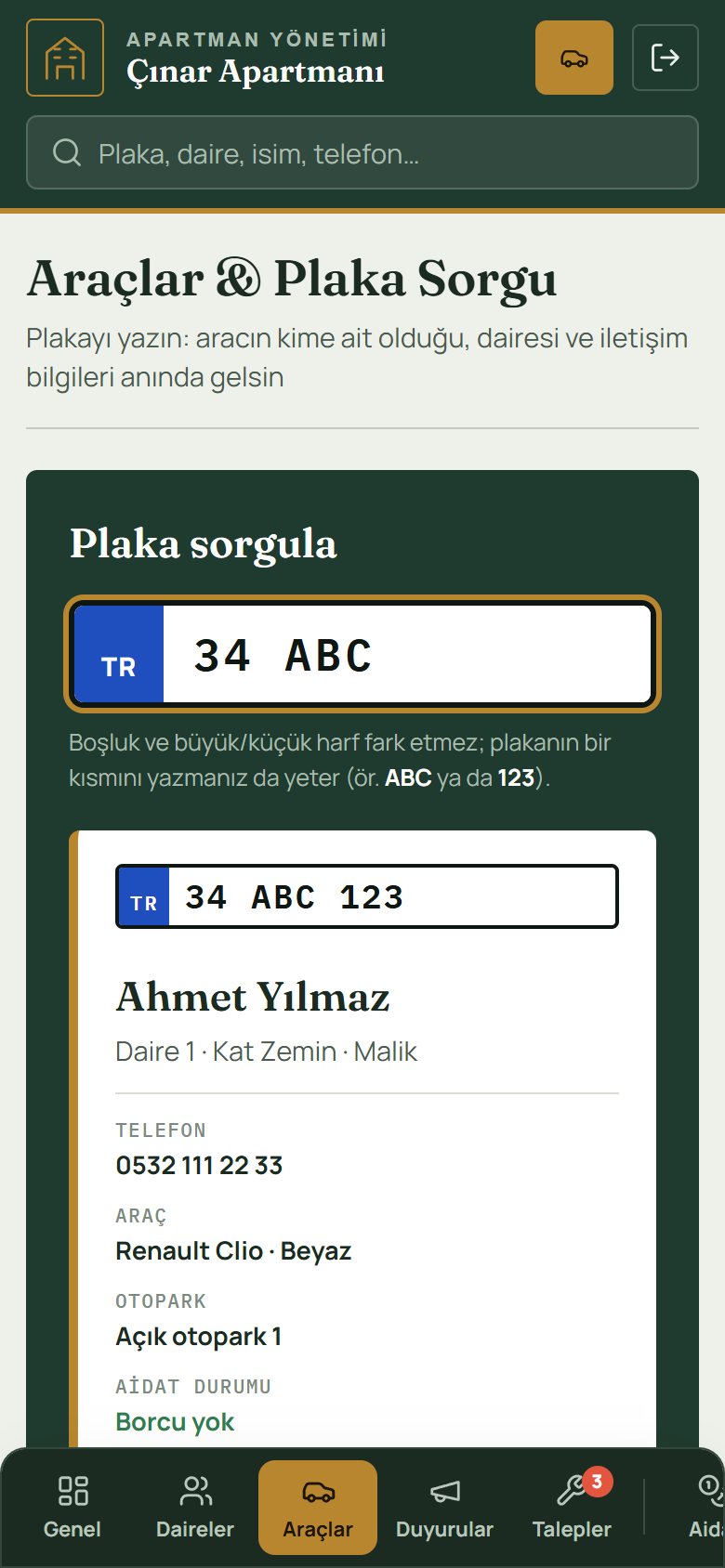 Apartman ve Site Yönetim Paneli — telefonda plaka sorgu