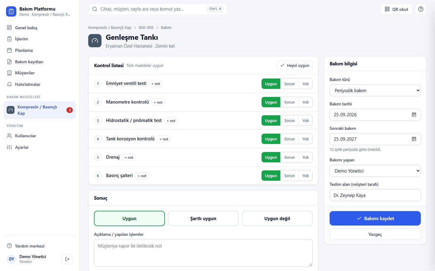 Kompresör ve Basınçlı Kap Kontrol Takip — bakım formu · kontrol listesi