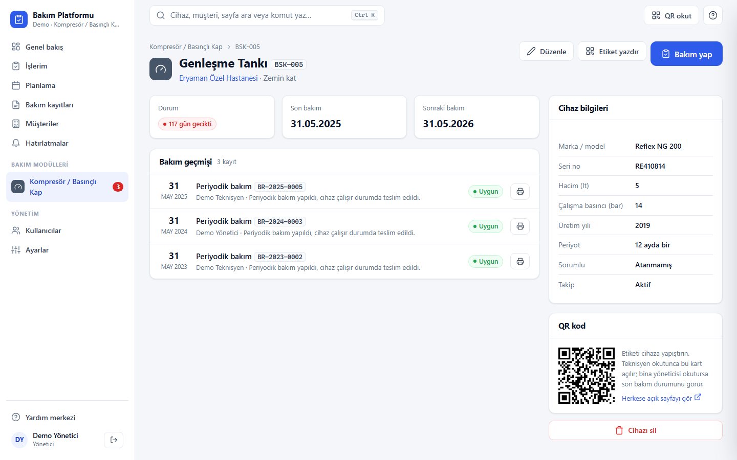 Kompresör ve Basınçlı Kap Kontrol Takip — cihaz kartı ve QR kod