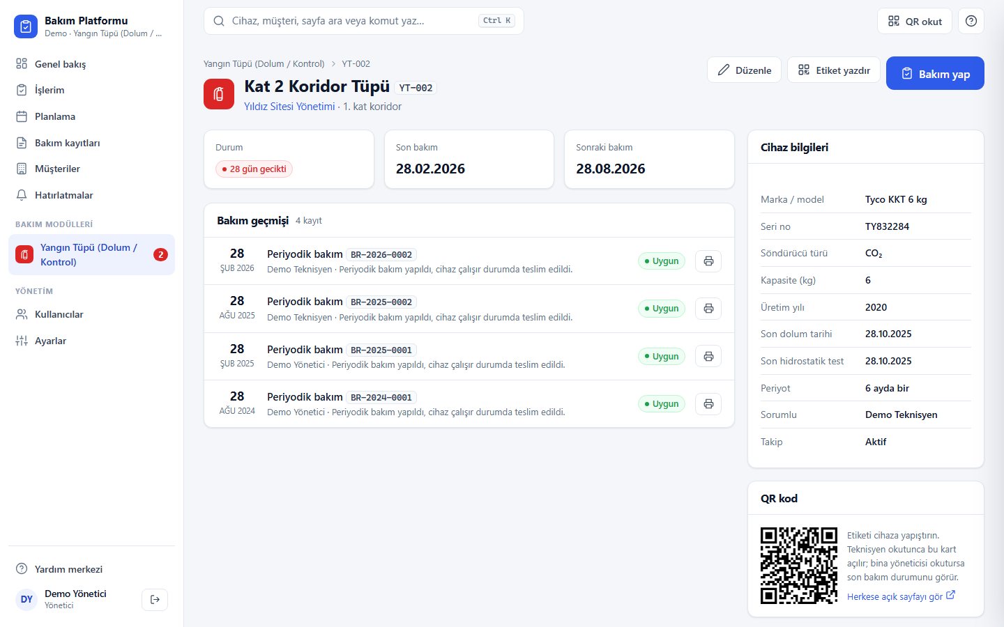 Yangın Tüpü Dolum ve Kontrol Takip — cihaz kartı ve QR kod