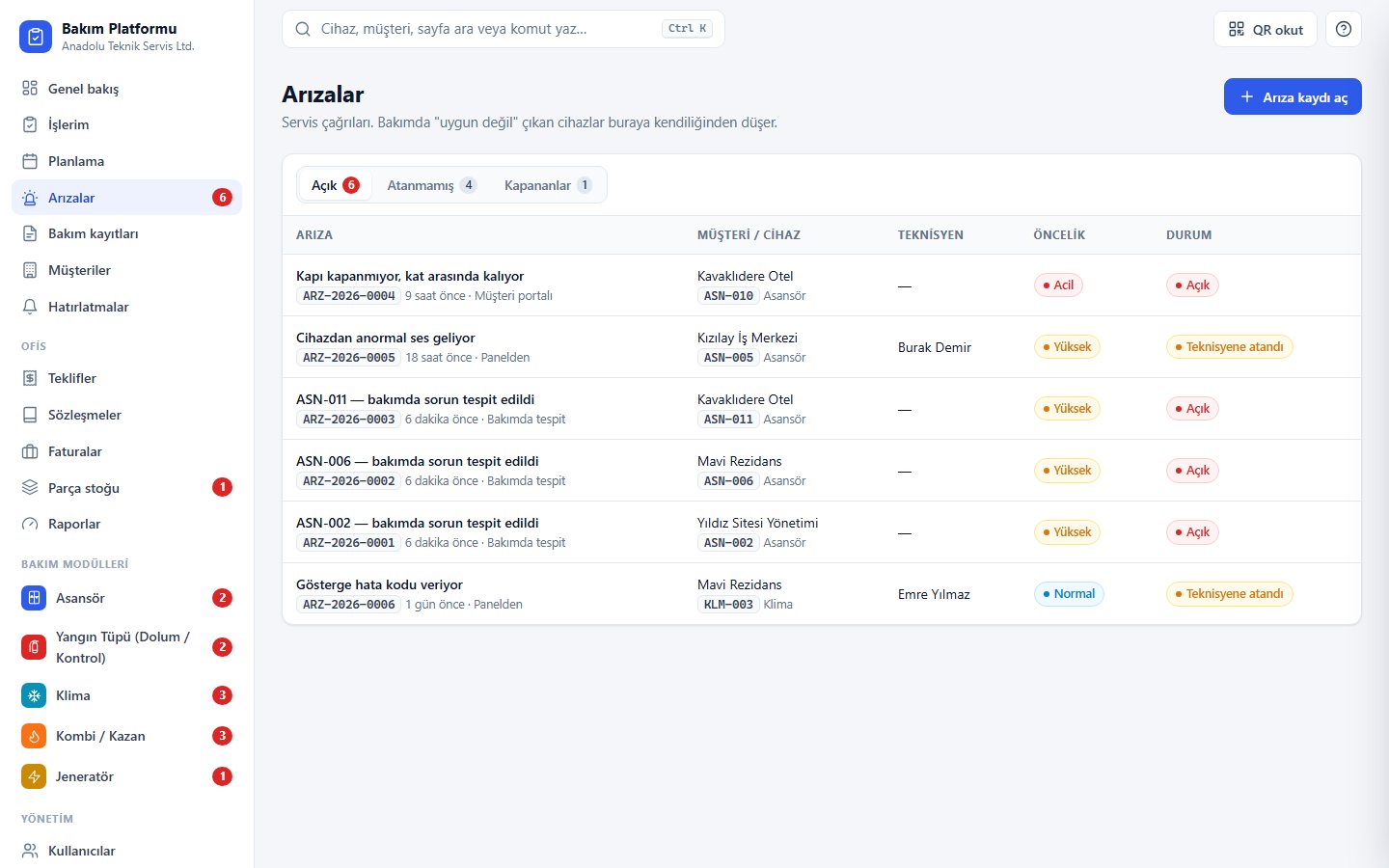Teknik Servis Bakım Platformu — arızalar