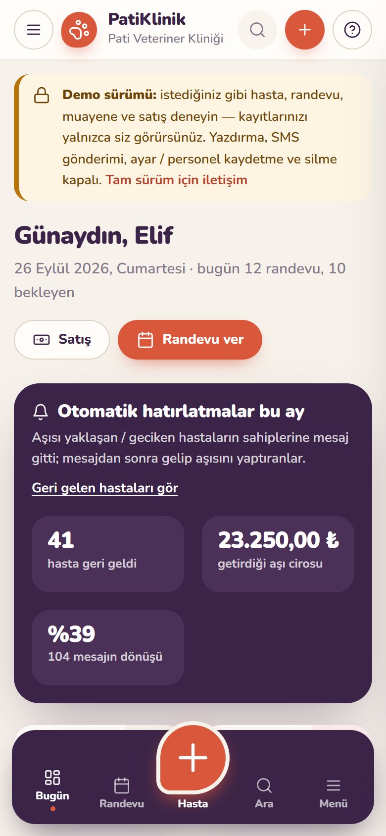 Veteriner Klinik Yönetimi — telefonda bugün